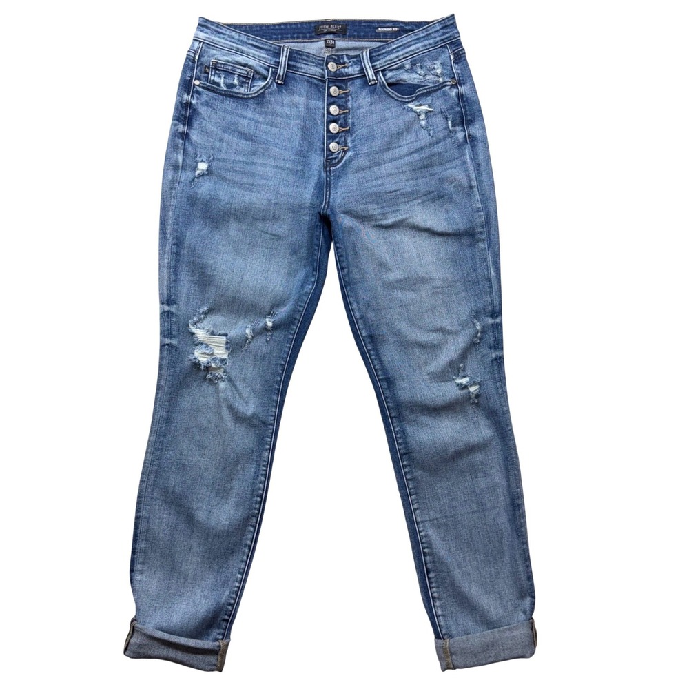 Judy Blue Boyfriend Fit Distressed Button Fly Jeans Medium Wash‎ 13/31 JB82396DK